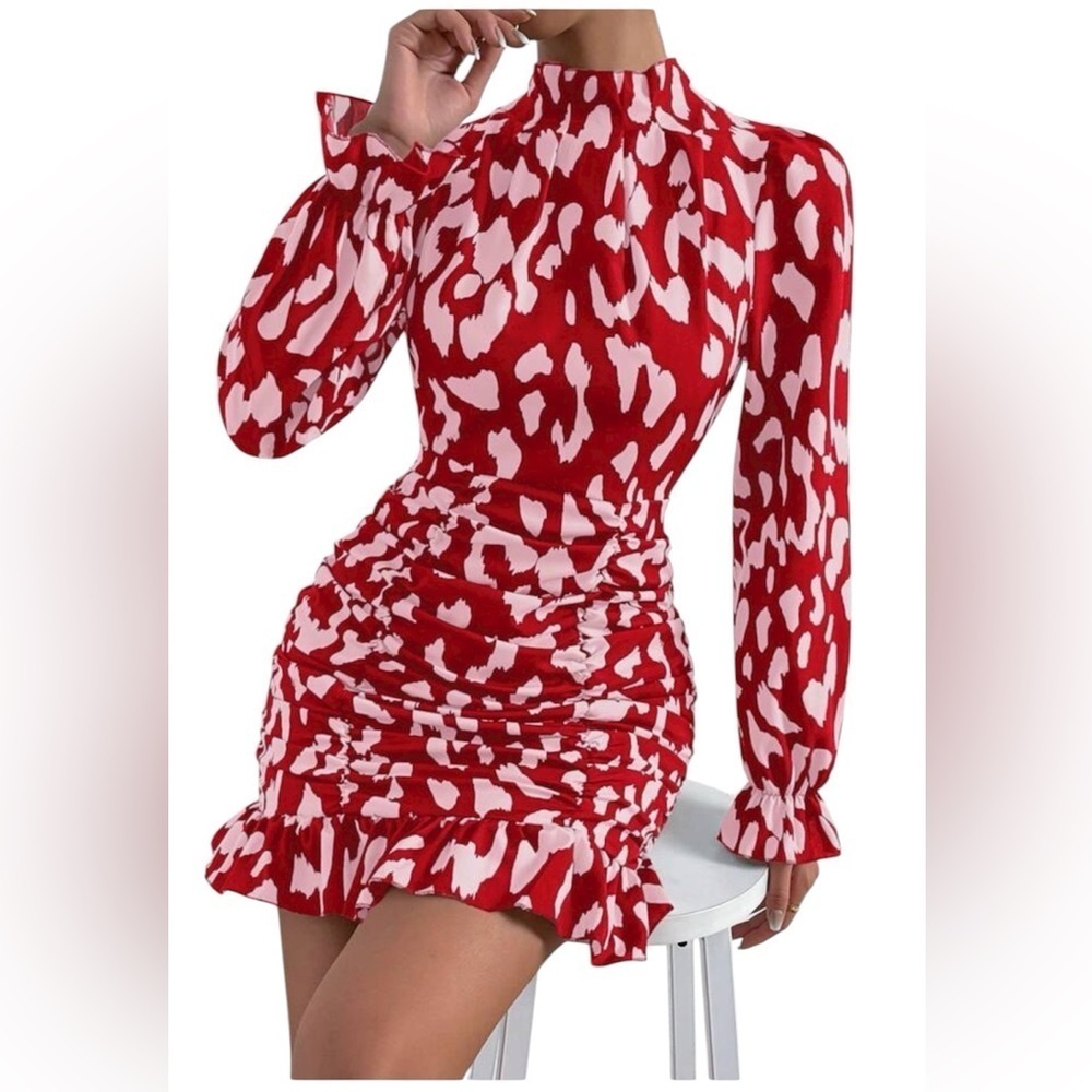 SHEIN Allover Print Flare Sleeve Ruched Ruffle Hem Bodycon Dress Size M. E16